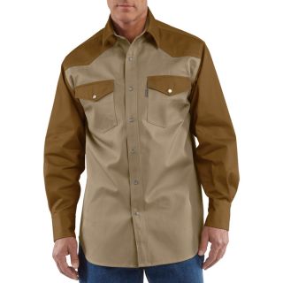Carhartt Ironwood Snap Front Twill Work Shirt   Khaki/Brown, Large Tall, Model