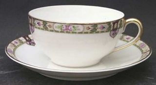 Noritake Regina Flat Cup & Saucer Set, Fine China Dinnerware   Flower Band W/ Gr