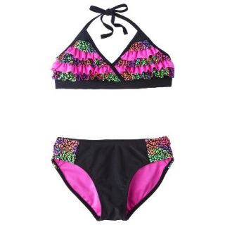 Girls 2 Piece Ruffled Leopard Spot Bikini Swimsuit Set   Black/Pink L