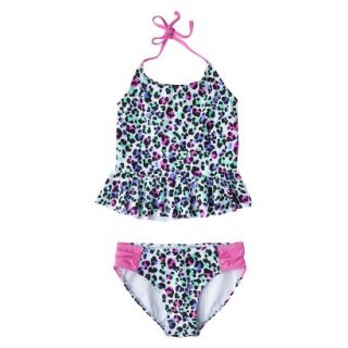 Girls 2 Piece Peplum Leopard Spot Tankini Swimsuit Set   White S