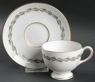 Wedgwood Chiltern Footed Cup & Saucer Set, Fine China Dinnerware   Green & Gray