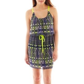 City Triangles Sleeveless Belted Print Blouson Dress, Navy/lime
