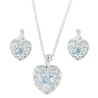Sterling Silver Heart Topaz Filigree Necklace And Earring Set   Silver/Blue
