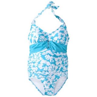 Womens Maternity Tie Neck Belted One Piece Swimsuit   Turquoise/White L