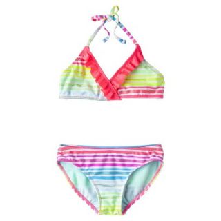 Girls 2 Piece Striped Halter Bikini Swimsuit Set   Rainbow XL