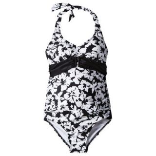 Womens Maternity Tie Neck Belted One Piece Swimsuit   Black/White S
