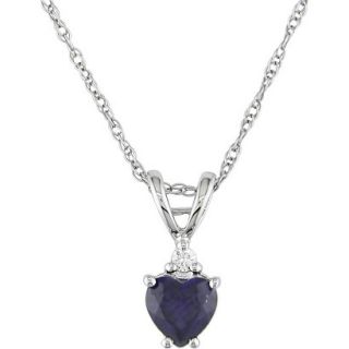 10K White Gold Diamond and Created Blue Sapphire Heart Pendant with Chain