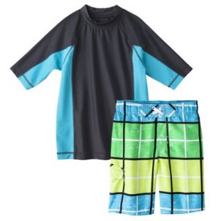 Cherokee Boys Short Sleeve Rashguard and Plaid Swim Trunk Set   Blue/Grey S