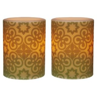2pk Green Geometric Floral Flameless Candle Set   1LED