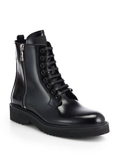 Prada Patent Leather Lace Up Combat Boots   Nero Black