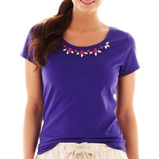 Short Sleeve Jeweled Necklace Tee, Vibrant Violet, Womens