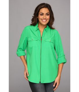 MICHAEL Michael Kors Dog Tag Zip Camp Shirt Womens Blouse (Green)