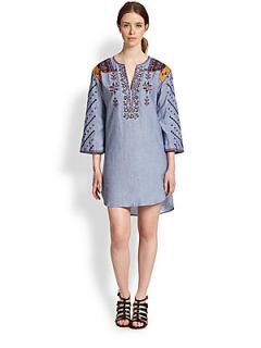 BCBGMAXAZRIA Embroidered Cotton Chambray Dress   Light Periwinkle