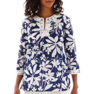 Alfred Dunner Smooth Sailing 3/4 Sleeve Embroidered Yoke Tunic Top, Cobalt