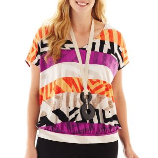 Worthington Short Sleeve Banded Bottom Top with Necklace, Blk/pur/org