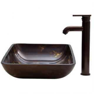 VIGO Rectangular Brown and Gold Fusion Glass Vessel Sink and Faucet Set in Oil R