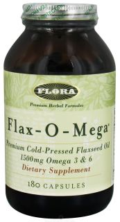 Flora   Flax O Mega Flaxseed Oil Premium Cold Pressed 1500 mg.   180 Capsules