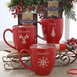 Red Personalized Holiday Mugs with Hot Cocoa