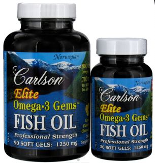 Carlson Labs   Norwegian Elite Omega 3 Gems Fish Oil Professional Strength Lemon Flavored 1250 mg.   Bonus Pack 90 + 30 Softgels