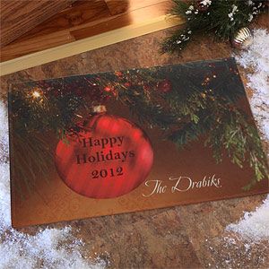Personalized Christmas Doormat   Red Ornament