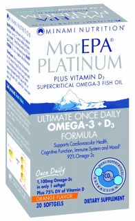 Minami Nutrition   MorEPA Platinum Ultimate Once Daily Omega 3 + D3 Orange Flavor 1100 mg.   30 Softgels