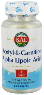 Kal   Acetyl L Carnitine & Alpha Lipoic Acid   60 Tablets