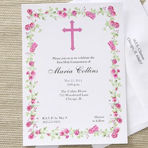 Girls Personalized First Holy Communion Invitations   Floral Design