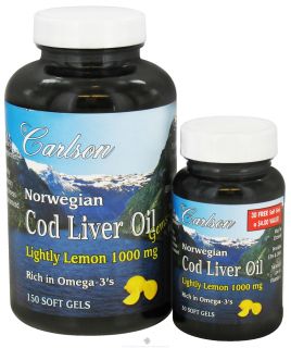 Carlson Labs   Norwegian Cod Liver Oil Gems Lemon 1000 mg.   Bonus Pack 150 + 30 Softgels