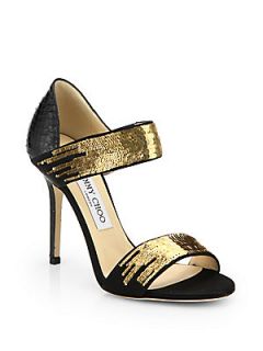 Jimmy Choo Tallow Snakeskin & Sequined Leather Sandals   Black/Gold