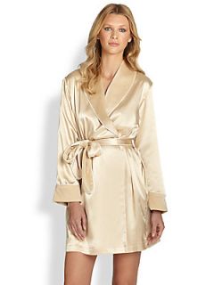 Oscar de la Renta Sleepwear Faux Fur Lined Satin Robe   Light Gold
