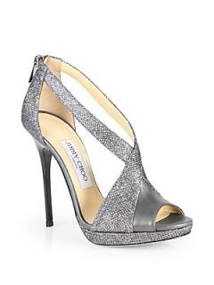 Jimmy Choo Vision Glitter & Leather Crisscross Sandals   Anthracite