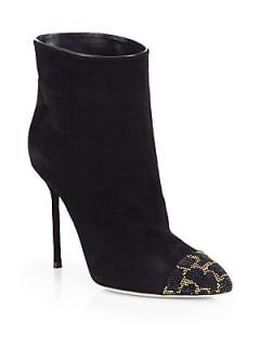 Sergio Rossi Suede Leopard Cap Toe Ankle Boots   Black