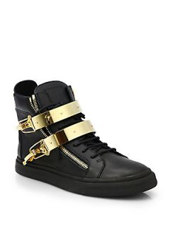 Giuseppe Zanotti Double Bar Latch Clasp Leather High Top Sneakers   Black  Gius