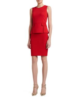 Milano/Boucle Vented Peplum Dress with Pocket Flaps, Red   St. John Collection