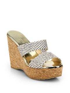 Jimmy Choo Porter Spotted Leather Cork Wedge Sandals   Natural
