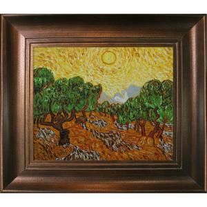 20 in. x 24 in. Olive Trees with Yellow Sun Hand Painted Framed Oil Painting VG550 FR 365G20X24