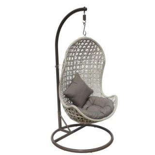 JLIP White Wash Rattan Patio Swing Chair with Stand and Tan Cushion S1776 1 A1