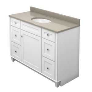 KraftMaid 48 in. Vanity in Dove White with Natural Quartz Vanity Top in Olive Ovation and White Sink VC4821R6S3.MEO.7131SN