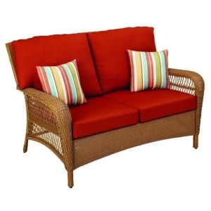 Martha Stewart Living Charlottetown Natural All Weather Wicker Patio Loveseat with Quarry Red Cushion 65 909556/3