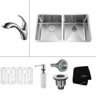 KRAUS All in One Undermount 32.75x19x14 0 Hole Double Bowl Kitchen Sink with Chrome Accessories KHU102 33 KPF2210 KSD30CH