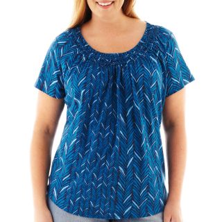 St. Johns Bay Short Sleeve Smocked Top   Plus, Blue