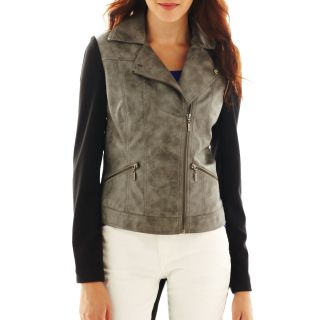 Bisou Bisou Faux Leather Zip Front Jacket, Black/Gray, Womens