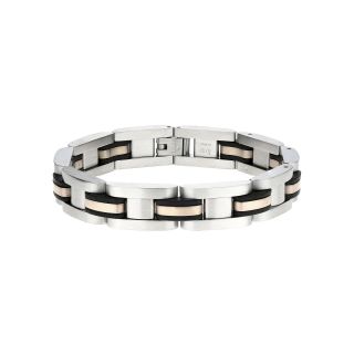 Mens Stainless Steel Rose Tone IP & Rubber Link Bracelet, Two Tone
