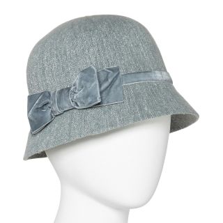 Metallic Cloche Hat with Velvet Ribbon, Grey, Womens