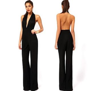 Womens V Collar Halter Lace Stitching Jumpsuit Pants