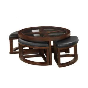 Furniture of America Crystal Cove II Dark Walnut Coffee Table with 4 Wedge Shaped Ottomans CM4321C