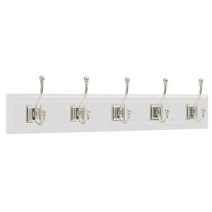 Liberty 27 in. Decorative Architectural Rail/Rack with 5 Architectural Hooks in Flat White and Satin Nickel R46121Y WSN L
