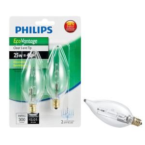 Philips EcoVantage 25 Watt Halogen B9 Clear Medium Base Candle Dimmable Decorative Light Bulb (2 Pack) 419176