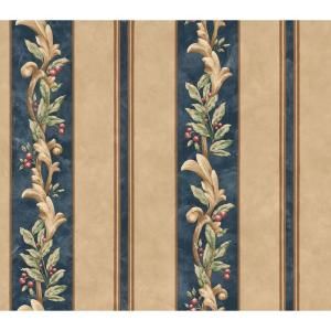 The Wallpaper Company 8 in. x 10 in. Blue and Beige Stripe with Fruit and Leaf Scroll Wallpaper Sample WC1282929S