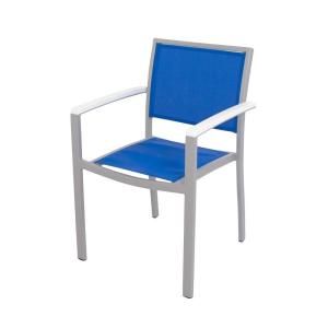 POLYWOOD Bayline Patio Dining Arm Chair in Textured Silver/White/Royal Blue Sling A290 11MWH905